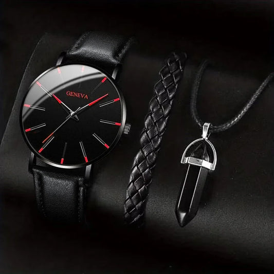 3PCS/Set Men's Watch Leather Band Quartz Bracelet Necklace Set